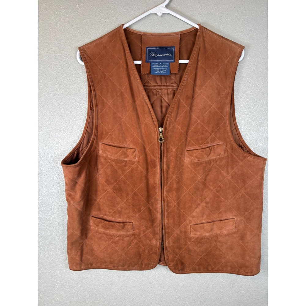 Faconnable Mens Quilted Goatskin Leather Vest Cognac Brown Suede Size M France